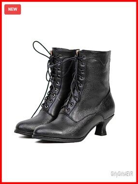 Victorian Ankle Boots for Women Mid Calf Lace Up Chunky Heel